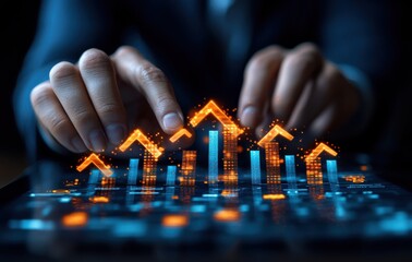 Hands adjusting a digital financial chart in a modern workspace with glowing elements late at night