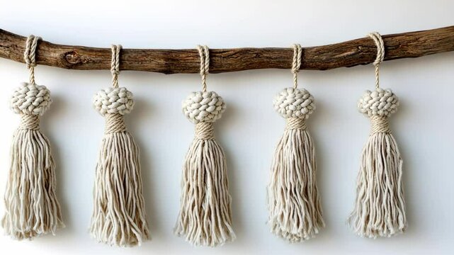 Decorative macrame wall hanging featuring tassels and natural wood branch