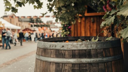 Wooden Barrel At An Outdoor Market Setting