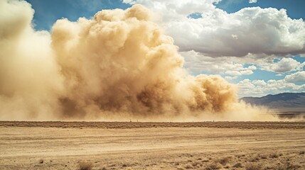 Massive dust storm engulfing a desert landscape under a partly cloudy sky.