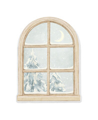 Classic beige arch window with winter landscape with Christmas trees, snowflakes and moon isolated on white background. Watercolor and lead pencil graphic hand drawn illustration