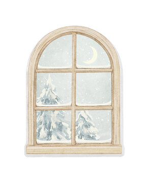 Classic beige arch window with winter landscape with Christmas trees, snowflakes and moon isolated on white background. Watercolor and lead pencil graphic hand drawn illustration