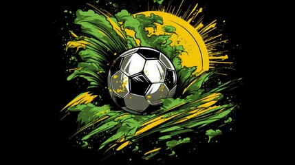 Soccer ball, green splash, yellow sun, dynamic art.