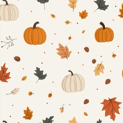 A cheerful autumnal pattern featuring hand-drawn pumpkins, acorns, and falling leaves in warm shades of orange, yellow, and brown, evoking cozy seasonal feelings. 