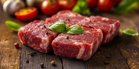 Fototapeta premium Raw meat slices prepared for barbecue on a wooden surface, showcasing delicious options for cooking. Explore the world of raw meat with steak, spices, peppers, and tomatoes for your recipes.