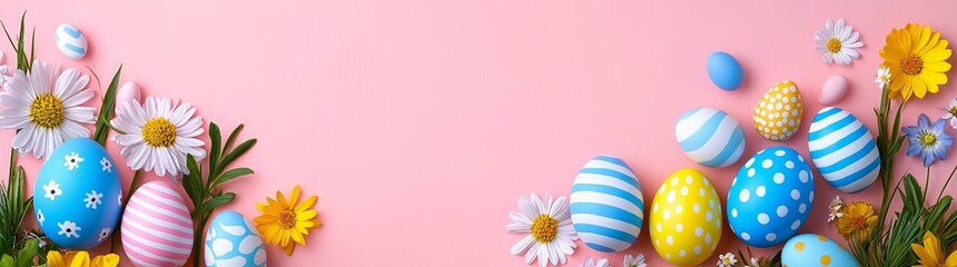 Obraz premium Vibrant Easter eggs and blooming spring flowers set against a pastel pink backdrop, forming a festive and joyful springtime scene.