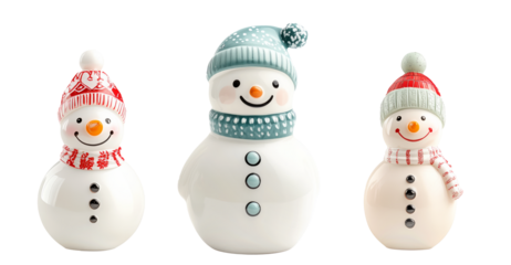 A smiling snowman figurine adorned with a red hat and scarf, isolated on white background, embodies festive cheer.
