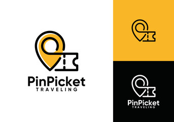 pin location with logo ticket. creative transportation travel design symbol concept