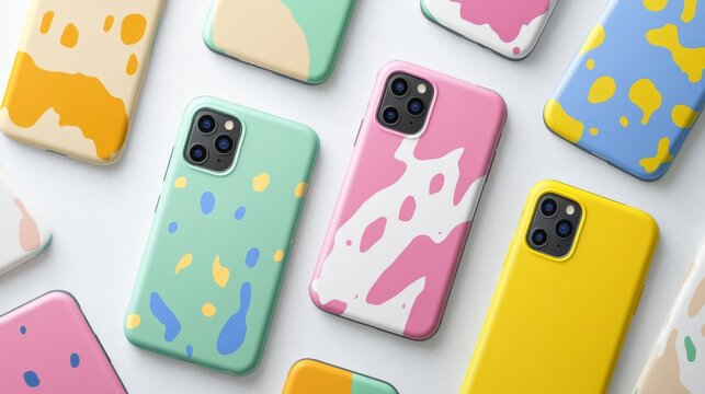 Colorful phone cases with abstract designs arranged on a white background.
