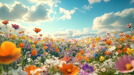 Vibrant wildflowers bloom in a sunny field under a bright sky.