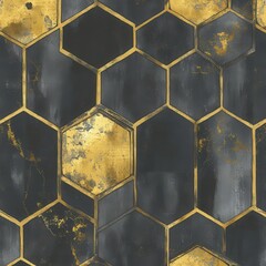 A geometric pattern with overlapping hexagons in metallic gold, silver, and bronze tones, arranged against a sleek black background, exuding a modern, luxurious vibe. 