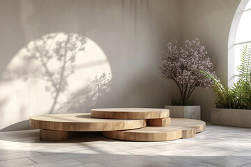 Wooden Podium for Product Presentation with Leafs Plants