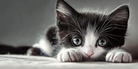Adorable close up of a cute black and white kitten, capturing the warmth and charm of this delightful kitten in a cozy setting, showcasing the kitten s playful and affectionate nature.