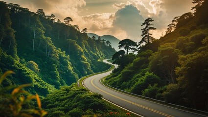 Epic Winding Mountain Roads Through Lush Greenery and Misty Peaks   A Breathtaking Scenic Journey  , image , illustration , photo , green road ,country road scene ,perspective