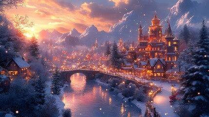 Fairytale-like snowy castle surrounded by tall frosty mountains, shimmering Christmas lights