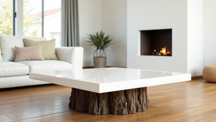 modern living room features a sleek white coffee table with a unique, rustic tree trunk base. A cozy white armchair and sofa create a relaxed atmosphere.