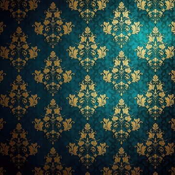 A luxurious damask pattern with intricate floral motifs and scrolling leaves in gold, set against a deep emerald green background for a regal aesthetic. 