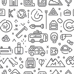 A minimalist line-art pattern of mountain landscapes, trees, and camping gear in monochrome black and white, creating a versatile and clean aesthetic for outdoor-themed designs. 