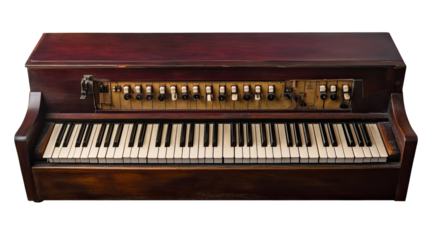 Vintage Electronic Keyboard: An antique electronic keyboard with a wooden case and a vintage aesthetic. Its keys are worn and faded, but it's still ready to create music.  