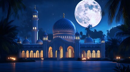 Naklejka premium luxurious and magnificent mosque building, with a large and beautiful garden, with a beautiful view of the full moon at night