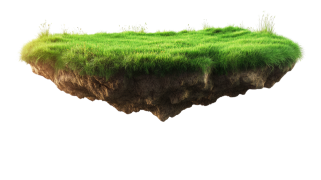 Floating Island of Green: A surreal, digitally created image of a small island floating in mid-air, covered in lush green grass and rich brown earth. Perfect for fantasy or environmental concepts. - Powered by Adobe
