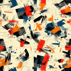 A modern abstract pattern of bold brushstrokes and splashes in vibrant colors like coral, teal, and mustard, arranged against a clean white backdrop, evoking a dynamic and energetic vibe. 