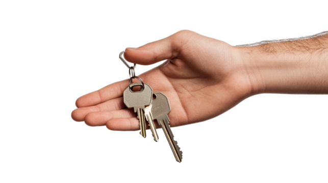 Handing Over the Keys: A close-up of a hand holding a set of keys, symbolizing new beginnings, ownership, and the promise of opportunity.  