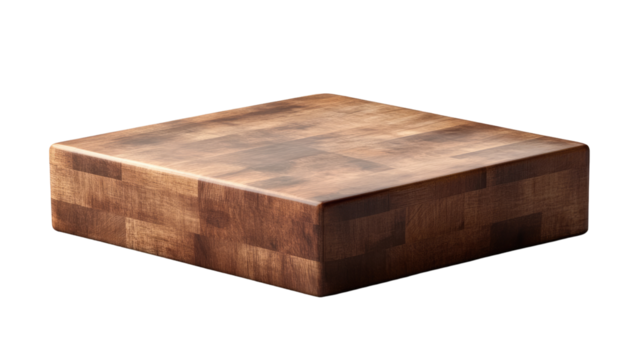 End Grain Butcher Block: A sturdy, square end-grain cutting board crafted from rich, dark wood. Ideal for professional chefs and home cooks alike.