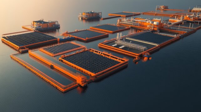 Floating offshore solar farm and industrial complex at sunset.