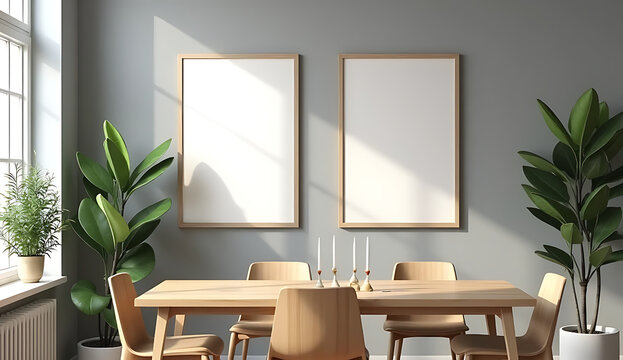 Two empty vertical picture frames on gray wall in modern dining room. Mock up interior in contemporary, scandinavian style. Free space for picture, poster. Wooden table, chairs, plants. 3D rendering