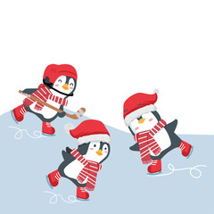 penguins  wearing winter clothes ice skating outdoor