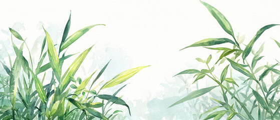 Lush green plants emerging in a misty atmosphere, creating a serene and tranquil environment.