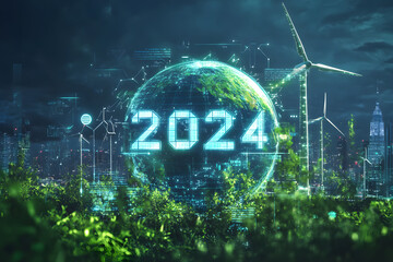  Digital Earth with the year 2024, surrounded by wind turbines and green landscapes, symbolizing sustainable energy, global progress, and the future of eco-friendly technology