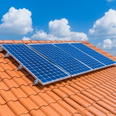 Solar panels on an orange-tiled roof under a bright blue sky with fluffy clouds, highlighting the use of residential solar energy.