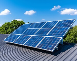 A contemporary house featuring solar panels on its roof, set against a clear blue sky.