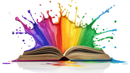 Rainbow Book Splash: A vibrant explosion of rainbow paint erupts from an open book, symbolizing creativity, imagination, and the colorful world of literature. © yeewa