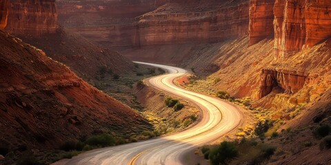 Winding road curves through a scenic canyon, showcasing the beauty of nature. This winding road invites travelers to explore and enjoy the breathtaking views along the canyon s path.