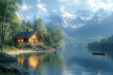 Fototapeta premium Secluded cabin, tranquil lake, majestic mountains.