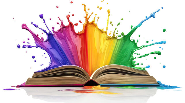 Rainbow Book Splash: A vibrant explosion of rainbow paint erupts from an open book, symbolizing creativity, imagination, and the colorful world of literature.