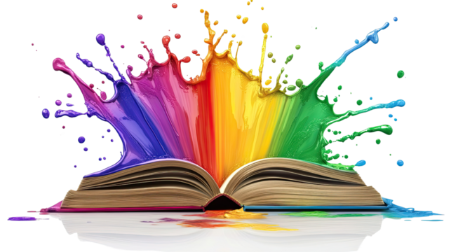 Rainbow Book Splash: A vibrant explosion of rainbow paint erupts from an open book, symbolizing creativity, imagination, and the colorful world of literature.