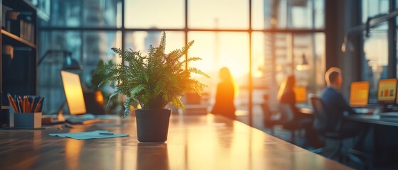 Sustainabilityfocused entrepreneurs in a sleek office, blurred teamwork, renewable energy projects and recycling charts on the table