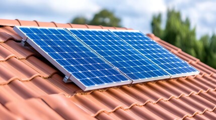 A detailed view of a contemporary suburban home featuring a photovoltaic system on its gable roof. This eco-friendly passive house boasts stylish solar panels, basking in the morning sunlight.