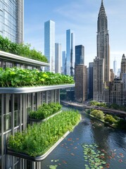 Obraz premium Breathtaking Overhead Perspective of a City Rooftop Aquaponics Garden Brimming with Green Plants.