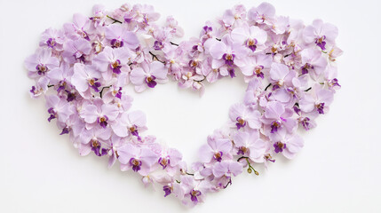 Obraz premium A heart-shaped floral masterpiece made from pastel lavender orchids, each flower detailed with subtle veining and soft color variations, resting beautifully on a stark white background