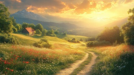 Obraz premium Sunset, cabin, flower field, winding path, mountains.