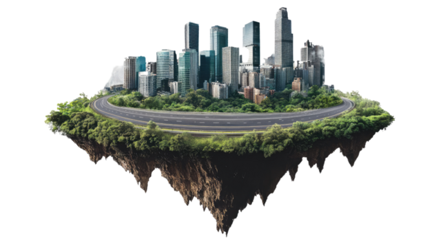 Floating Metropolis: A futuristic cityscape thrives on a lush, green island, encircled by a winding road, suspended in mid-air against a pristine backdrop.