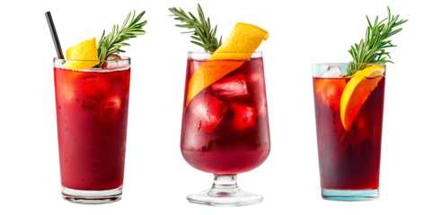 A glass of mulled wine filled with a spiced beverage, garnished with orange and cinnamon, isolated on white background, concept of warmth