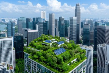 Obraz premium A high-altitude view of a modern urban area displays sustainable architecture, featuring buildings with rooftop gardens and integrated solar panels.