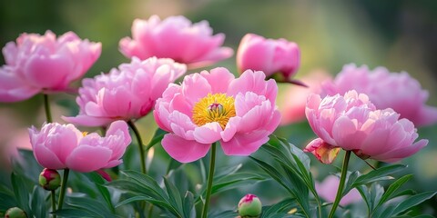 Stunning bouquet of pink peonies with selective focus, showcasing the delicate beauty of pink peonies in vibrant detail. High quality photo capturing pink peonies in full bloom.