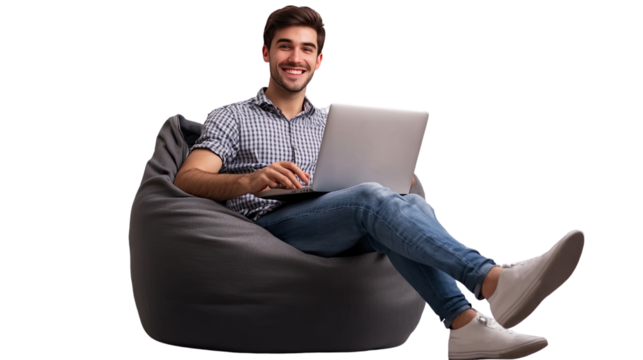 Relaxed Productivity: Man working on laptop in comfortable beanbag chair 